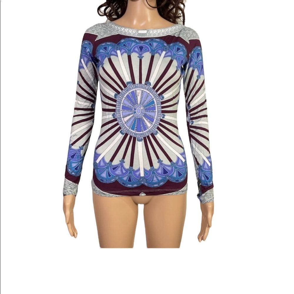 Emilio Pucci Multi-Color Printed Boat Neck Long Sleeve Top S